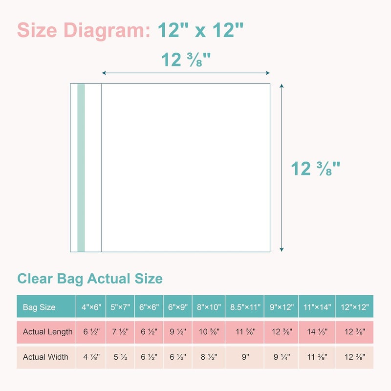 Somime Acid-Free Picture Sleeves, 100Pack Crystal Clear Storage Bags for 12x12 Art Prints, Pictures, Photos, Frame Mats (Bag Size: 12 3/8" x 12 3/8") - Image 2